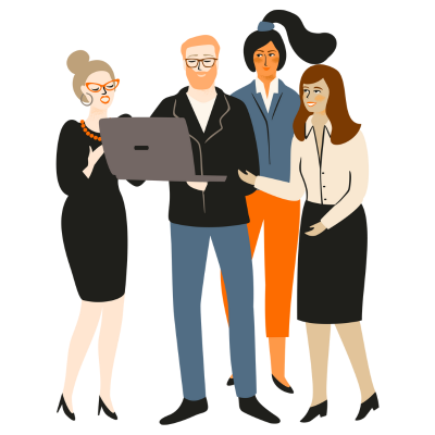 A group of workers with a laptop discussing Just Great Cyber Security